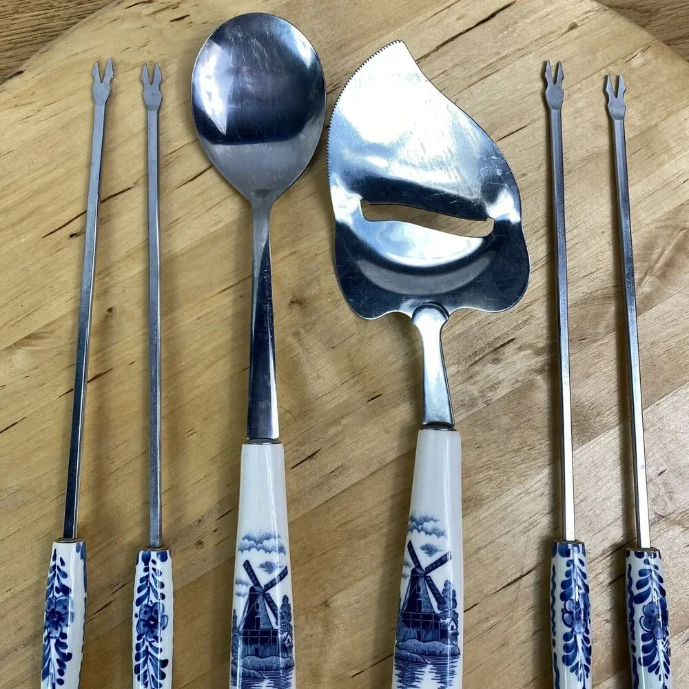 Vintage Delft Elesva Holland 6pc Utensil Set Blue Windmill Ceramic Handle Cheese